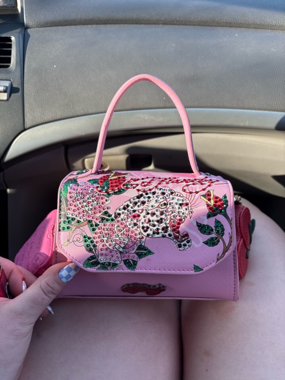 Pink Embellished Floral Leopard Top-Handle Bag